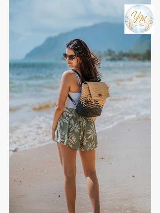 Woven Straw Backpack Flap Over Drawstring Closure Travel Lightweight main image 7